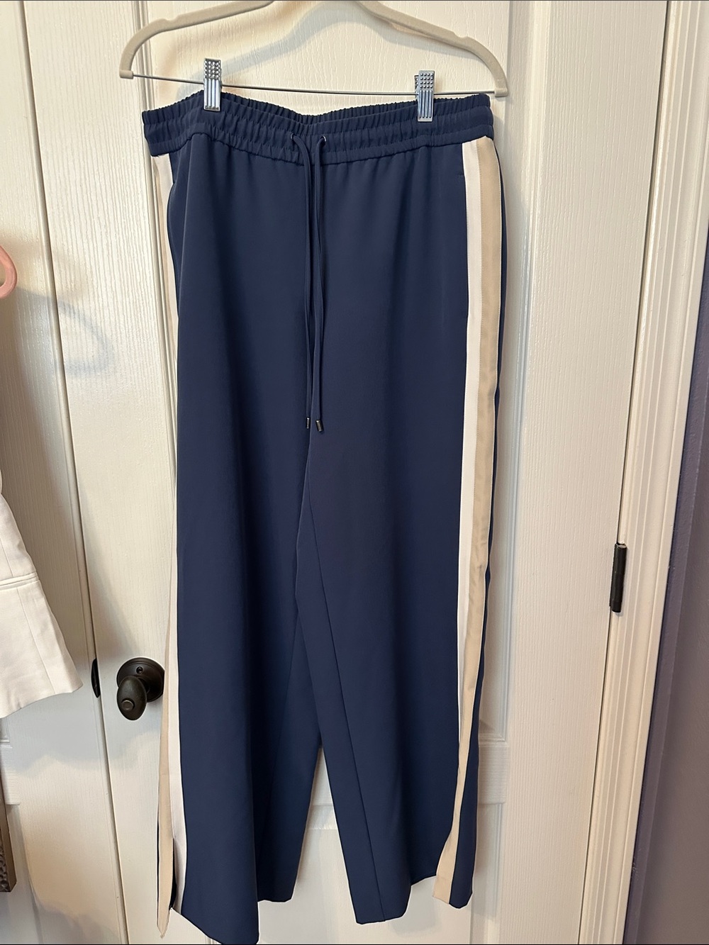 Nine West Navy Wide-Leg Dress Track Pants with Cream & Taupe Stripe Leg Accent